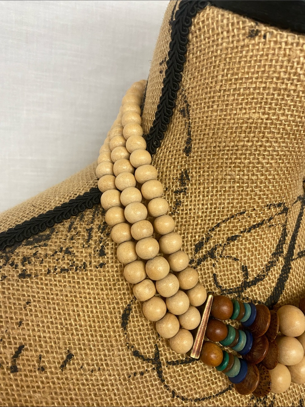 Handmade Natural Wood Bead Statement Necklace - Beige with Turquoise Accent - Picture 3 of 3